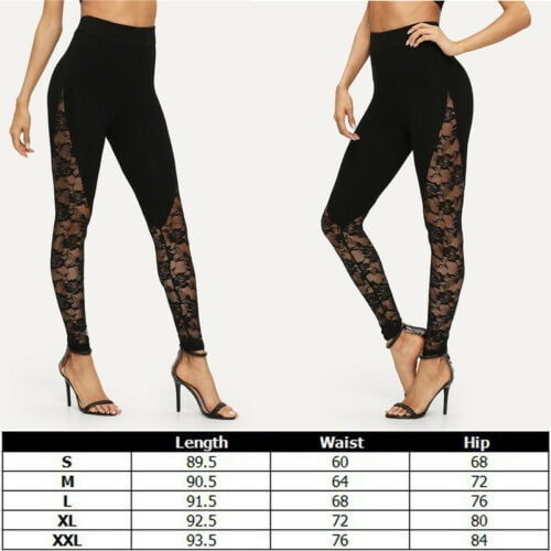 Women´s Ladies Floral Lace Side Panel Cut Out Black Leggings Plus Size
