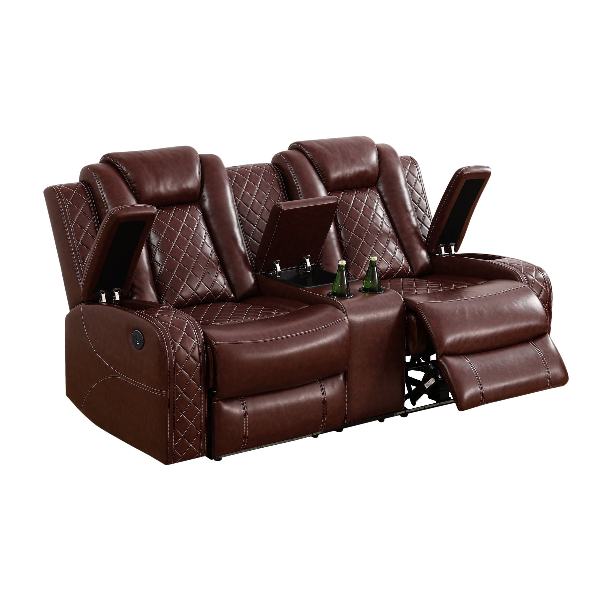 Gewnee Loveseat Power Reclining Multifunctional Sofa, Air Leather, Storage Console, Cup Holders,Reddish brown