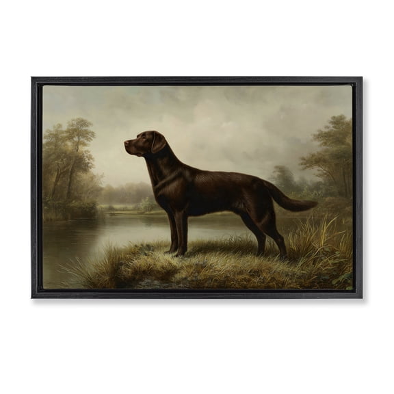 Stupell Industries Traditional On Alert Chocolate Lab Black Floating Frame Canvas Art, 25 x 17, by Petals Prints Design