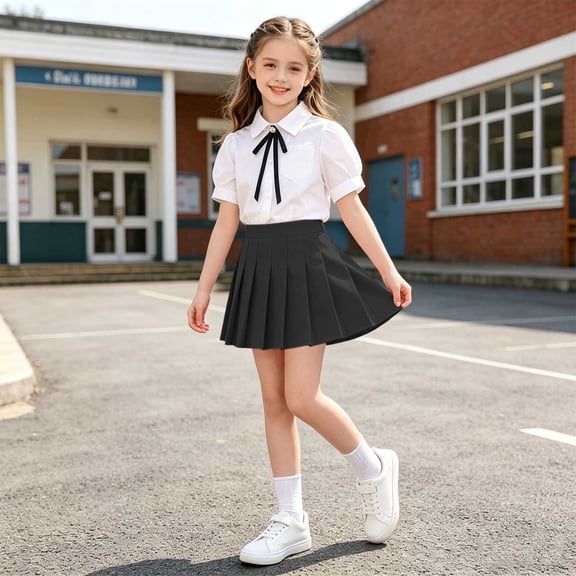 Kids Girls School Uniform 3 Piece Set - Black Pleated Skirt & Short Sleeve Blouse with Brooch for 2 Years Old,Size 12-13T