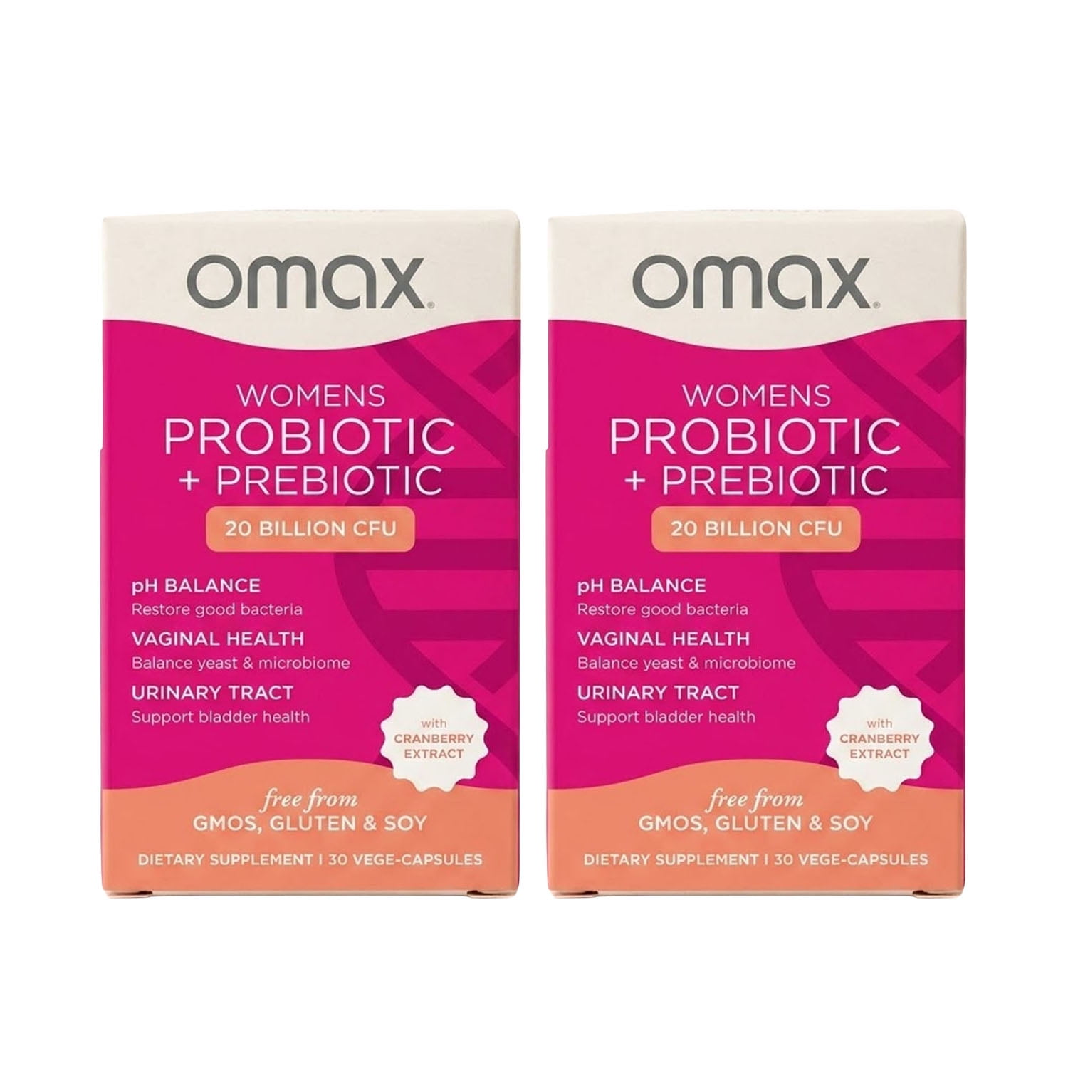 Omax Probiotic Prebiotic for Women 20 Billion CFU, Vaginal & Urinary Tract Support - 2 Pack