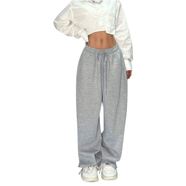 Pantalones de mujer estilo hip hop y streetwear, pantalones de chándal grises informales, cintura alta, cintura elástica, bolsillos, combinan con tops cortos y camisetas, para todas las estaciones.