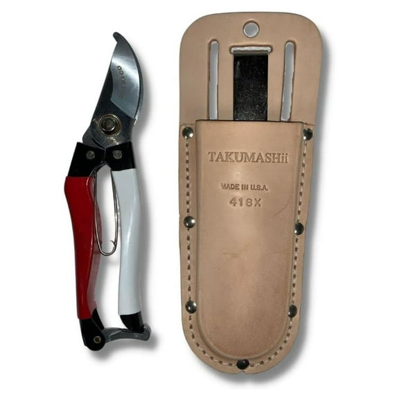 Professional Garden Pruners & Takumashii Leather Pruner Holster Kit, red, white, brown, (SD505KIT)