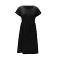 thumbnail image 4 of MIANHT Summer Dresses for Women Casual High Waist Pleated Swing Cotton Linen Tunic Dresses with Pocket Ladies Short Sleeve Round Neck Solid Midi Formal Dress Black m, 4 of 5