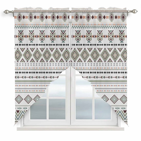 Sage Green Boho Swag Valances for Windows, Kitchen Window Curtains Over Sink, Vintage Ethnic Tribe Abstract Art Window Treatment Curtains for Living Room/Bedroom Curtains 2 Panel Sets 36"x45"