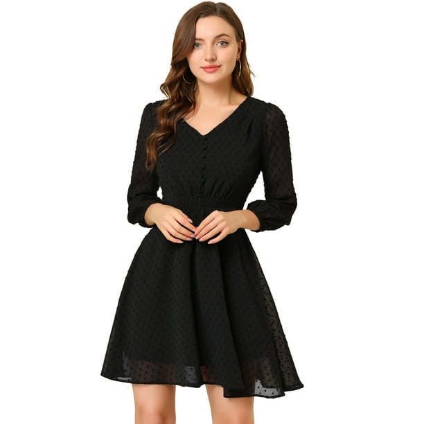 Vestido de Gasa Allegra K fluido con Cintura Elástica Cuello en V Manga 3/4 Negro XS