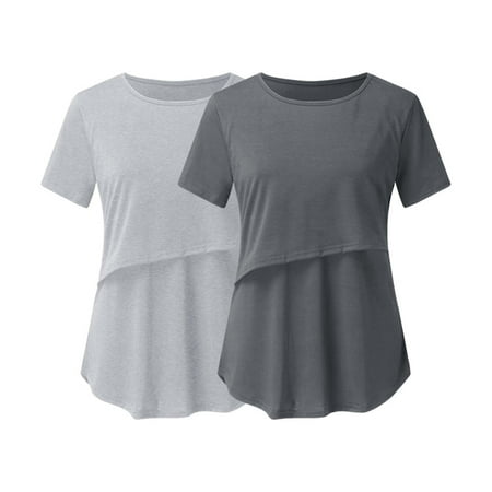 

2PC Pregnant Womens Nursing Blouse Round Neck Solid Color Tops Casual Short Sleeve Breastfeeding T-shirt