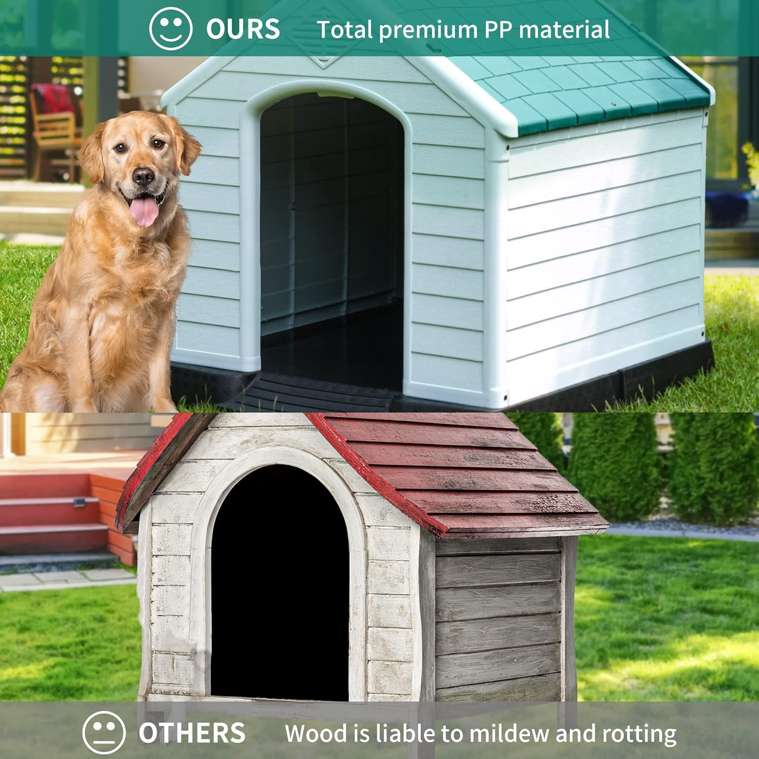 28.5'' Plastic Dog House Outdoor Indoor Doghouse Puppy Shelter Water Resistant Easy Assembly Sturdy Dog Kennel with Air Vents and Elevated Floor (28.5''L*26''W*28''H, Blue)