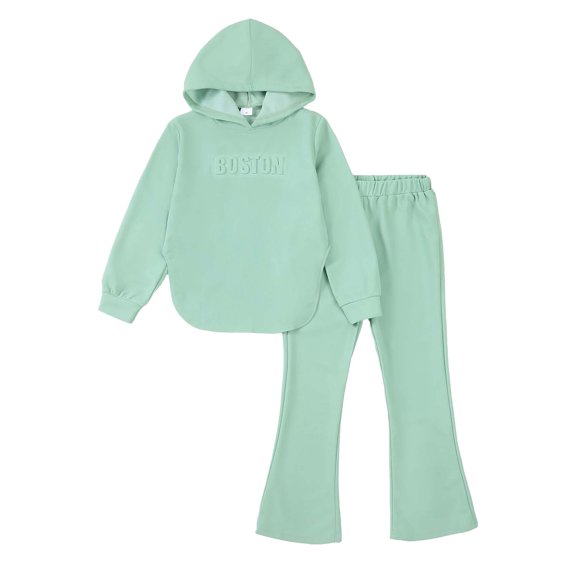 Kucnuzki 9 Years Big Girls Outfit Set 10 Years Youth Tween Kid Child Winter Clothes Sets Long Sleeves Letter Pullover Hoodie Sweatshirt Hooded Top Solid Color Flared Pants 2pcs Clothing Green
