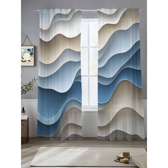 Abstract Water Ripple Sheer Curtains 96 Inches Long 2 Panels Modern Beige Blue Gradient Light Filtering Semi Sheer Window Curtains Drapes for Bedroom Living Room 52"x96"