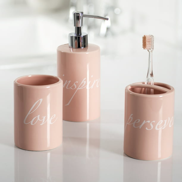 Mainstays 3 Piece Inspirational Blush, Peach Bathroom Accessories Set