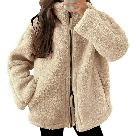 Baqcunre Women's Clothing, Womens Oversized Sherpa Fleece Jacket Two-Way Zip Up Coat Winter Warm Stand Collar Fuzzy Outerwear Valentines Day Gifts, 1Pc Jacket Khaki L