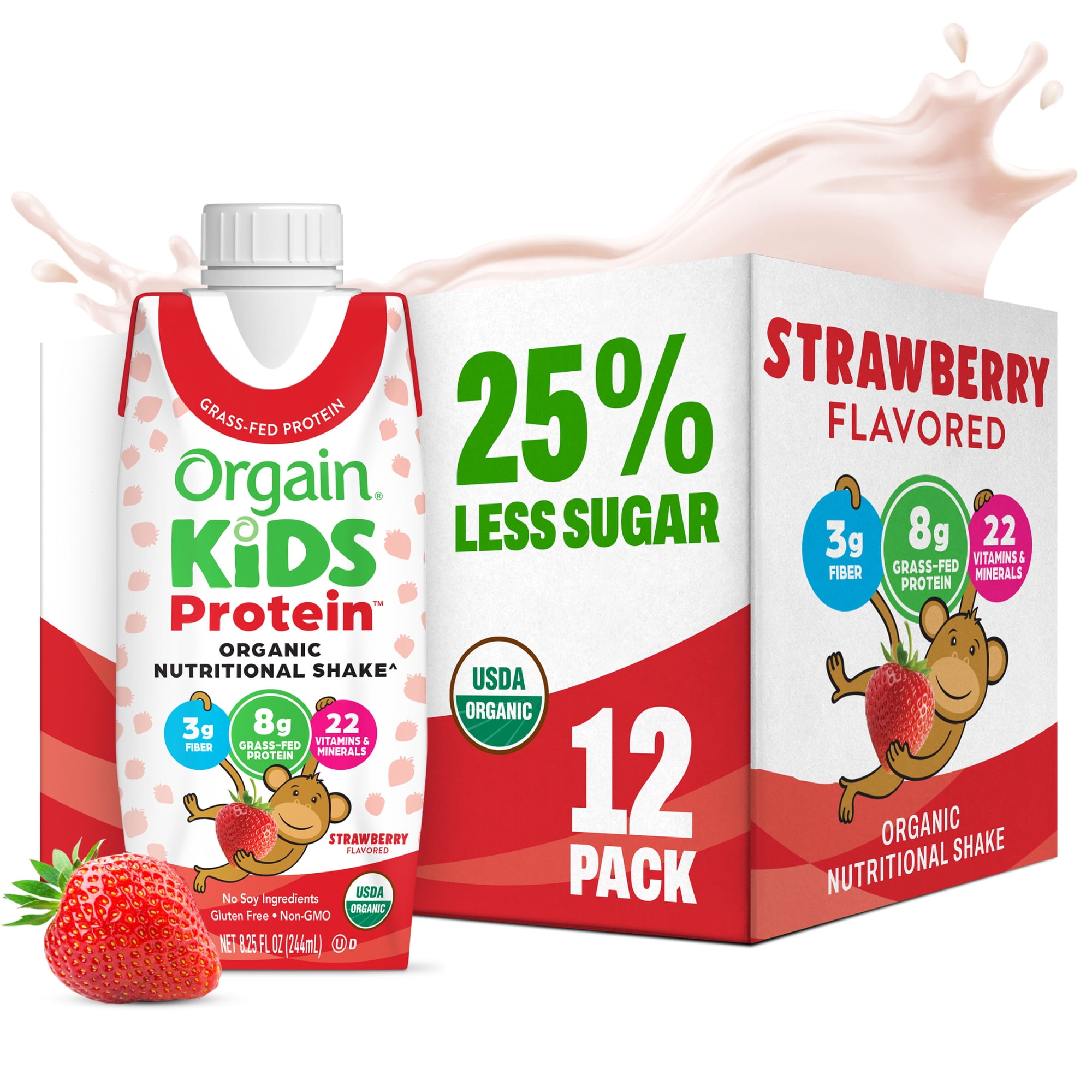 Orgain Organic Kids Nutritional Dairy Protein Shakes, Strawberry, 8.25 Fl Oz, Pack of 12