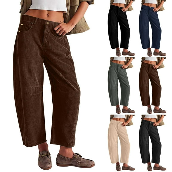 Women's Corduroy Wide Leg Pants with Elastic Waist Comfortable Barrel Leg Design Casual Trousers Featuring Pockets