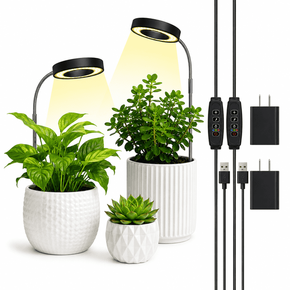 Fyniora Plant Grow Light-2 Pack, Full Spectrum LED Plant Light for Indoor Plants, Height Adjustable Growing Lamp with Auto on/off Timer 3/9/12H, 10 Dimmable Brightness, Ideal for Small Plants, Black