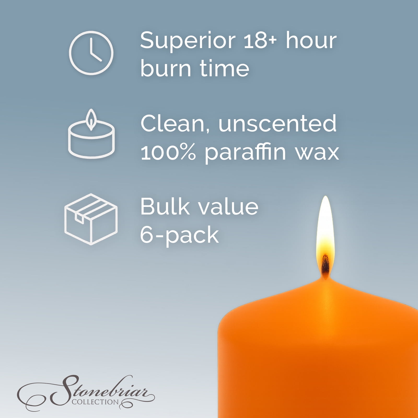 Stonebriar Unscented Pillar Candles – 18 Hour Burn Time, Long-Lasting Wax Candles for Weddings, Holidays, Home Décor & Special Events, Pack of 6, Orange, 3" x 3"