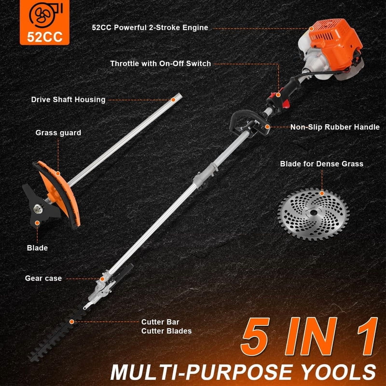 52CC 2-Cycle Weed Eater Gas Powered,2.3 KW String Trimmer Edger,Hedge Trimmer and Brush Cutter Blade, 2025 Upgrade 5-in-1 Multi Yard Care Tools, Rubber Handle & Shoulder Strap for Weeds