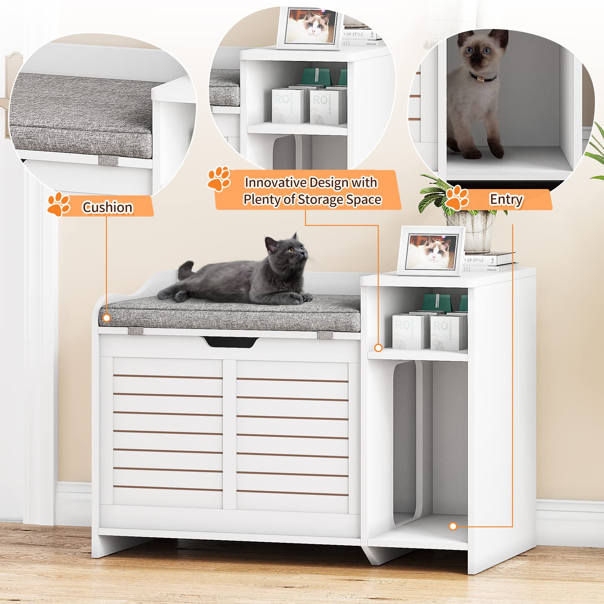 Cat Litter Box Furniture, Hidden Cat Litter Box Cabinet with Top Opening and Cushion, Privacy Cat Litter Box Enclosure with Storage, Litter Box Enclosure Furniture