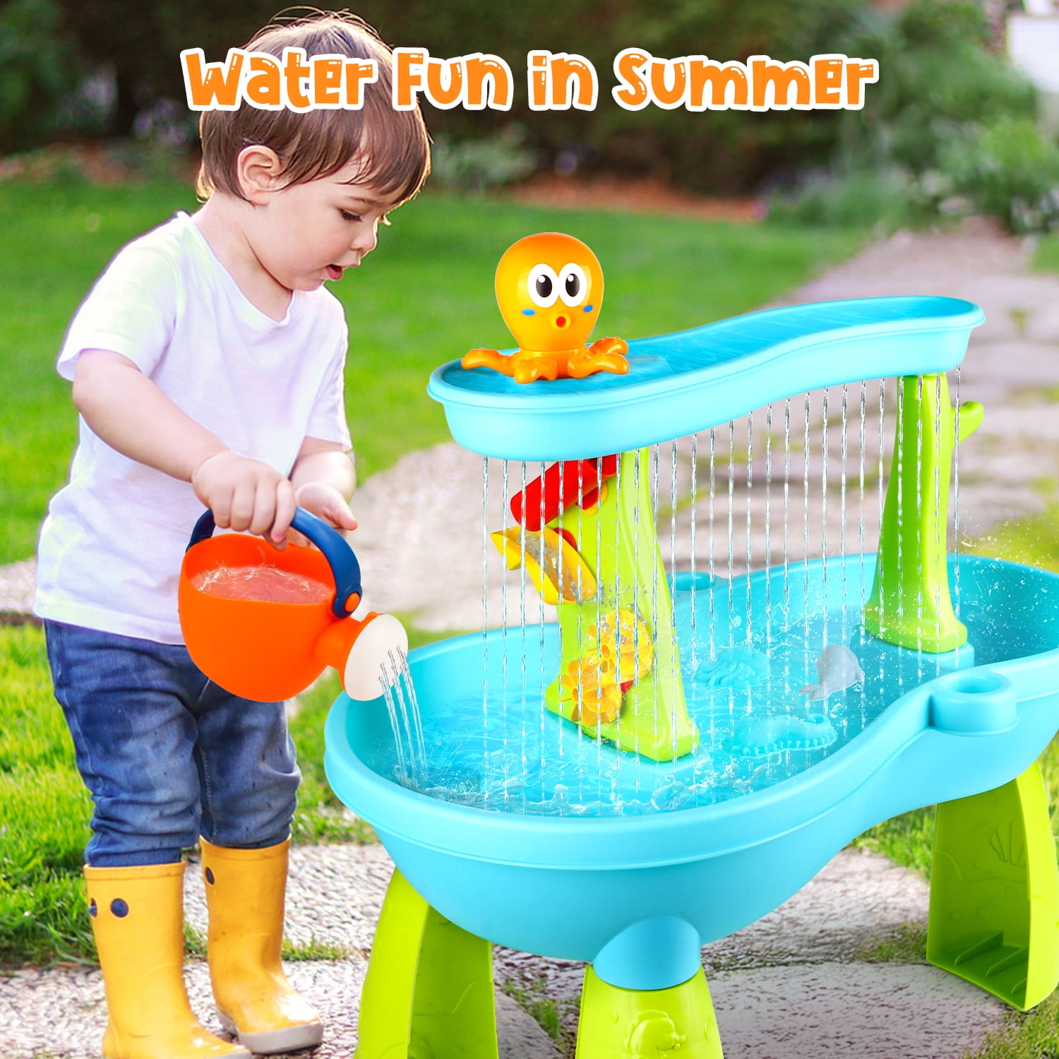 Beefunni Sand & Water Table, 2-Tier Rain Pond Activity Sensory Play Table with Accessories, Outdoor Beach Water Play Table, Summer Activity  Gift Idea