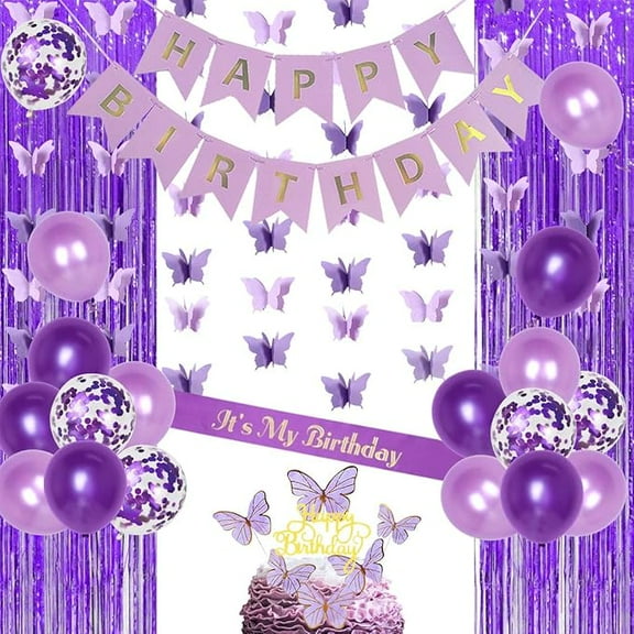 Purple Butterfly Birthday Set with Happy Birthday Banner, Cake Topper, Sash and Party Supplies