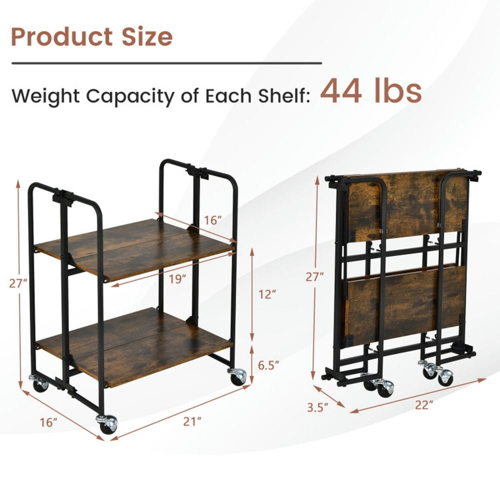 Finihen Rolling Cart, Kitchen Island Cart, Folding Rolling Cart with Metal Frame-2-Tier, for Kitchen, Dining Room, Rustic brown Finihen Rolling Cart, Kitchen Island Cart, Folding Rolling Cart with Metal Frame-2-Tier, for Kitchen, Dining Room, Rustic brown