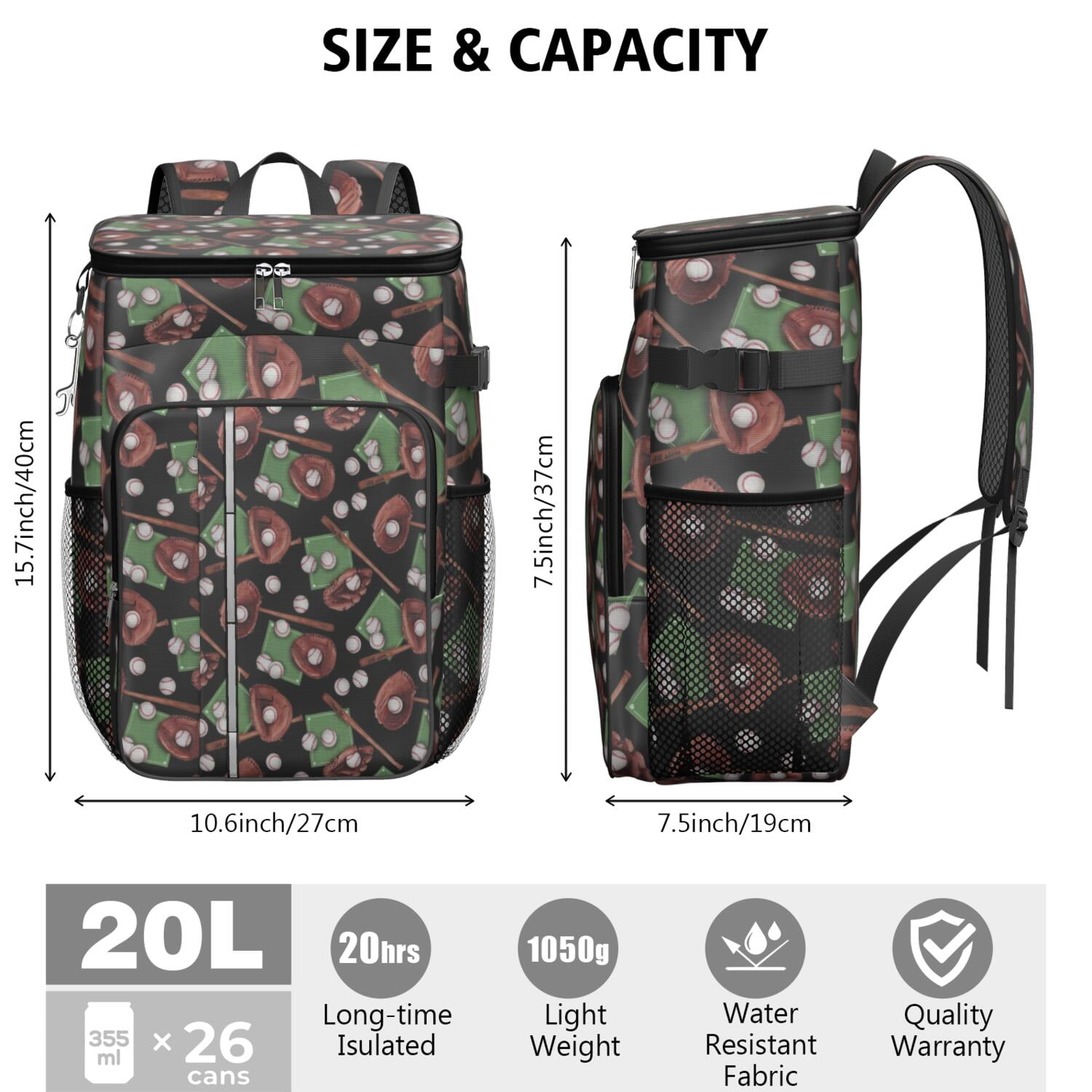 Travel Cooler Bag - Baseball Gear Pattern Camping Beer Cooler Backpack with Bottle Opener- Waterproof Insulated Picnic Backpacks - Cooler Bag for Beach