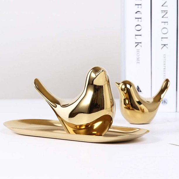 Figuras de pájaros de cerámica dorada, paquete de 2, esculturas y estatuas de animales para decoración del hogar, regalo artístico hecho a mano