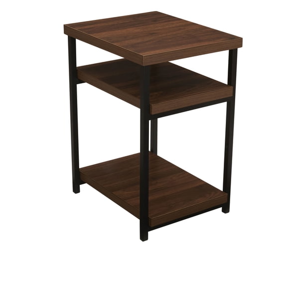 Household Essentials Jamestown Rectangular Side End Table with Storage Shelves Mid Century Walnut Wood Grain and Black Metal