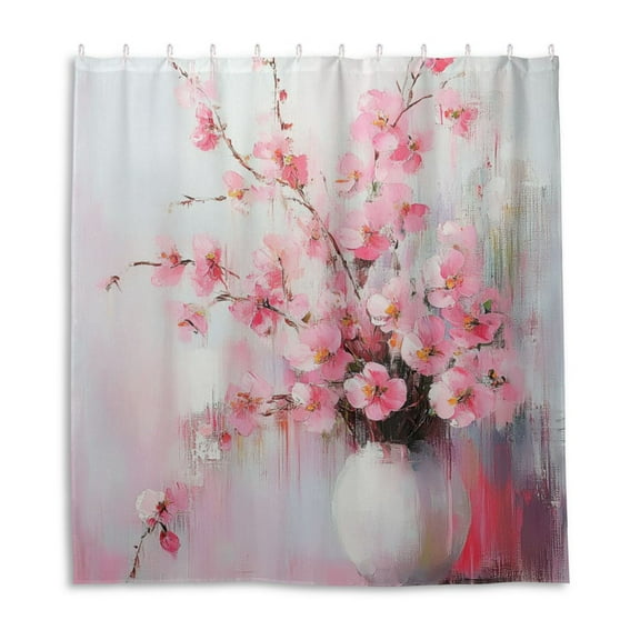 Pink Flower Vase Shower Curtain Liner 66x72 Inch Waterproof Shower Curtains Decorative Bathroom with 12 Pack Hooks