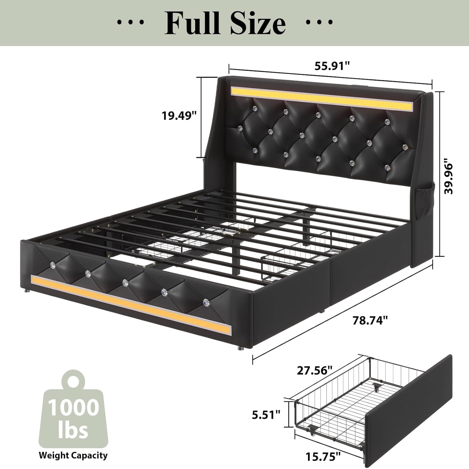 Gewnee Full Size Bed Frame with Storage Drawers & Charging Station,PU Upholstered Platform Bed with Button Wingback Headboard and Side Pocket,LED Bed Frame,No Box Spring Needed.Black