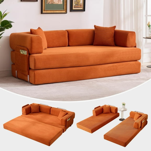 Ataucjin Convertible Couch, 78." Folding Sofa Bed with 2 Pillows, Plush Corduroy Boneless Convertible Sofa, No Assembly Required for Living Room, Bedroom, Dormitory