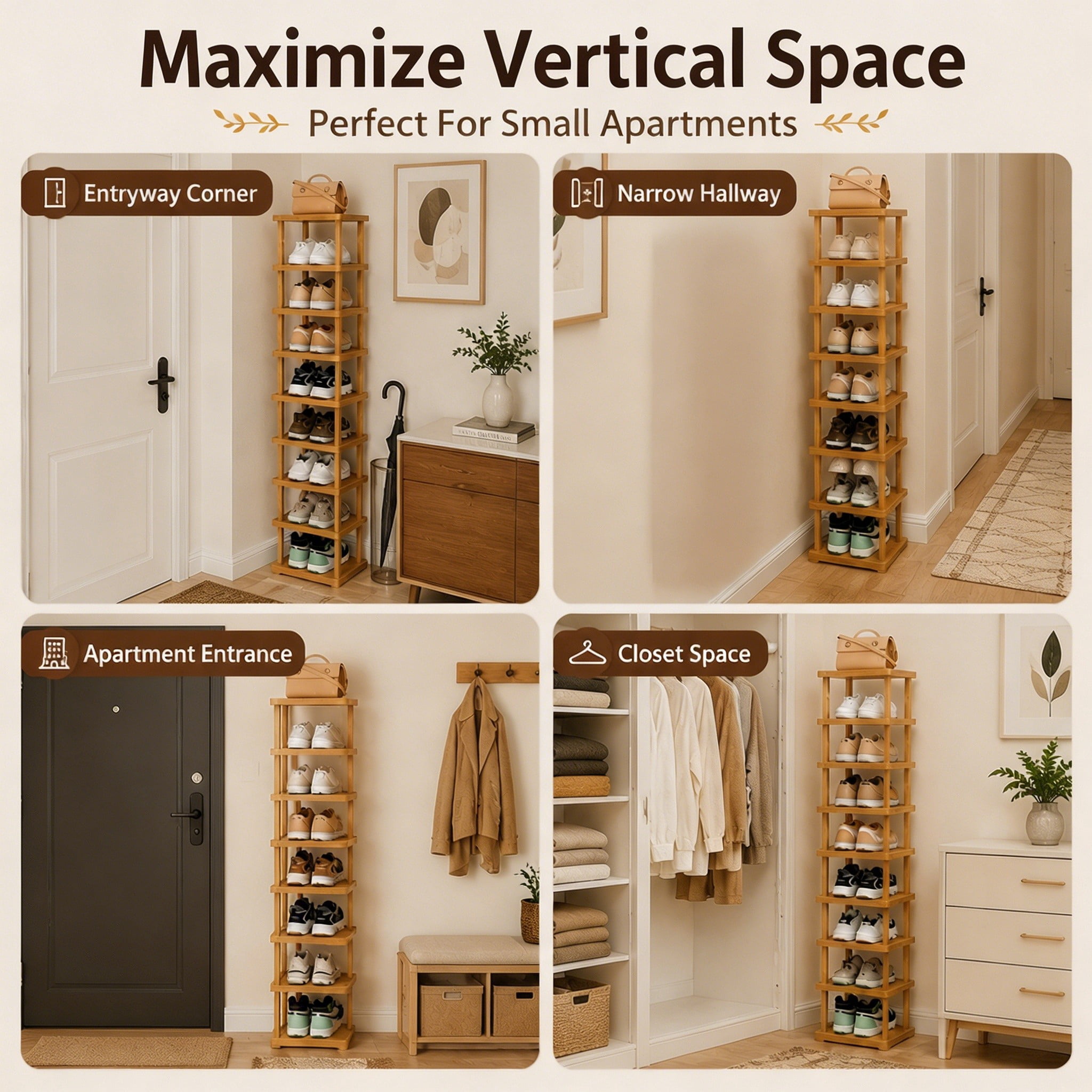 9 Tier Bamboo Shoe Rack, Tall Vertical Shoe Storage Organizer for Entryway, Closet and Apartment, Holds Up to 9 Pairs