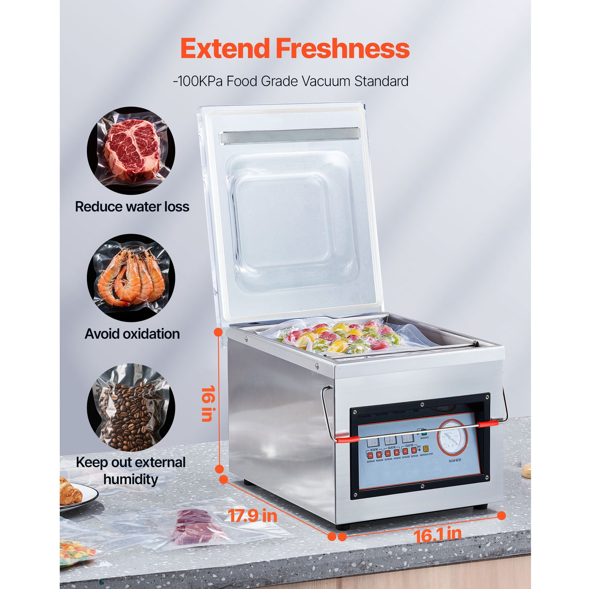 Chamber Vacuum Sealer, 320W Sealing Power, Vacuum Packing Machine for Wet Foods, Meats, Marinades and More, Compact Size with 12.6 in Sealing Length, Applied in Home Kitchen and Commercial Use