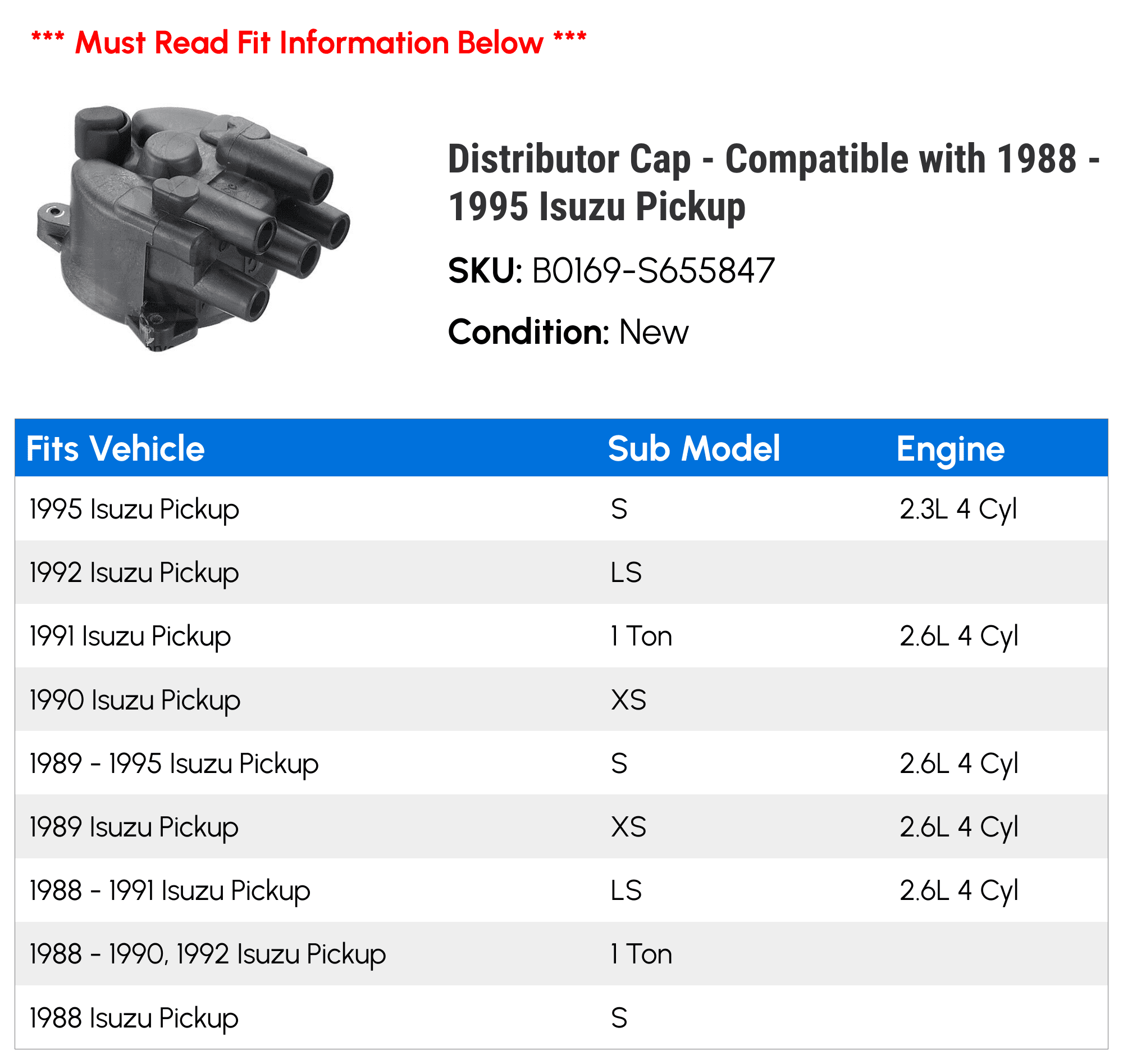Distributor Cap - Compatible with 1988 - 1995 Isuzu Pickup