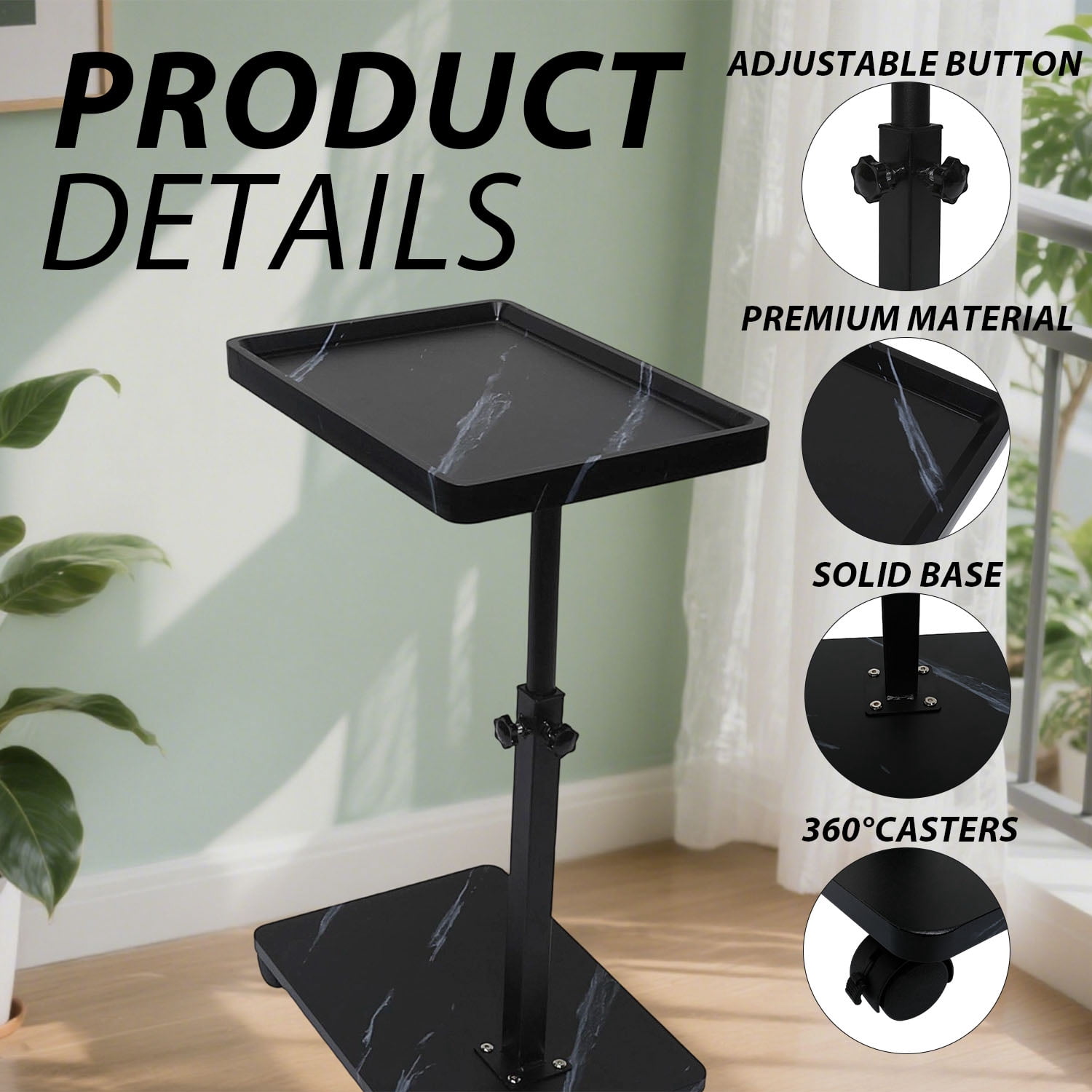 ManyFun C Table End Table Adjustable Heigh Durable MDF Top, Steel Frame, Universal Wheels, Multifunctional Tea Table (Black and white texture)