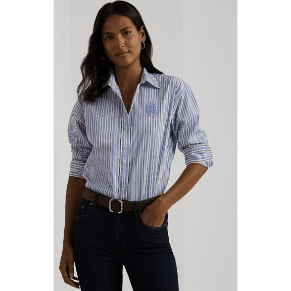 RALPH LAUREN Women's Milti Cotton Collared Striped Shirt, 1X