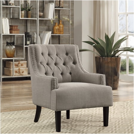 JERFIT Button Tufted Accent Chair with Nailhead Trim, Taupe Upholstered Armchair for Living Room, Modern Traditional Solid Wood Frame Lounge Chair