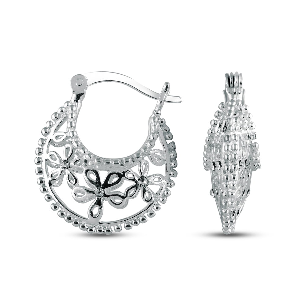 LeCalla 925 Sterling Silver Filigree Basket Hoop Earrings Cubic-Zirconia for Teen and Women 18MM