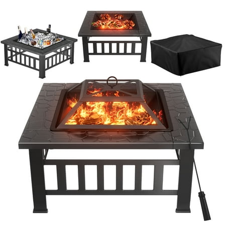 Lacoo 32" Patio Square Fire Pit Table for Patio Backyard BBQ, Ice Storage with Mesh Lid, Poker and Cover, Black