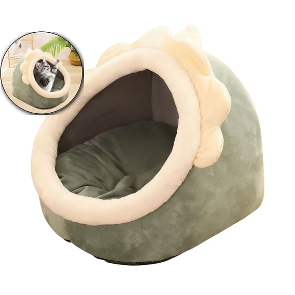 Semi-Closed Cat House Dog Bed with Removable Washable Mat, Fleece Pet Kennel for Winter, 45x40x35cm