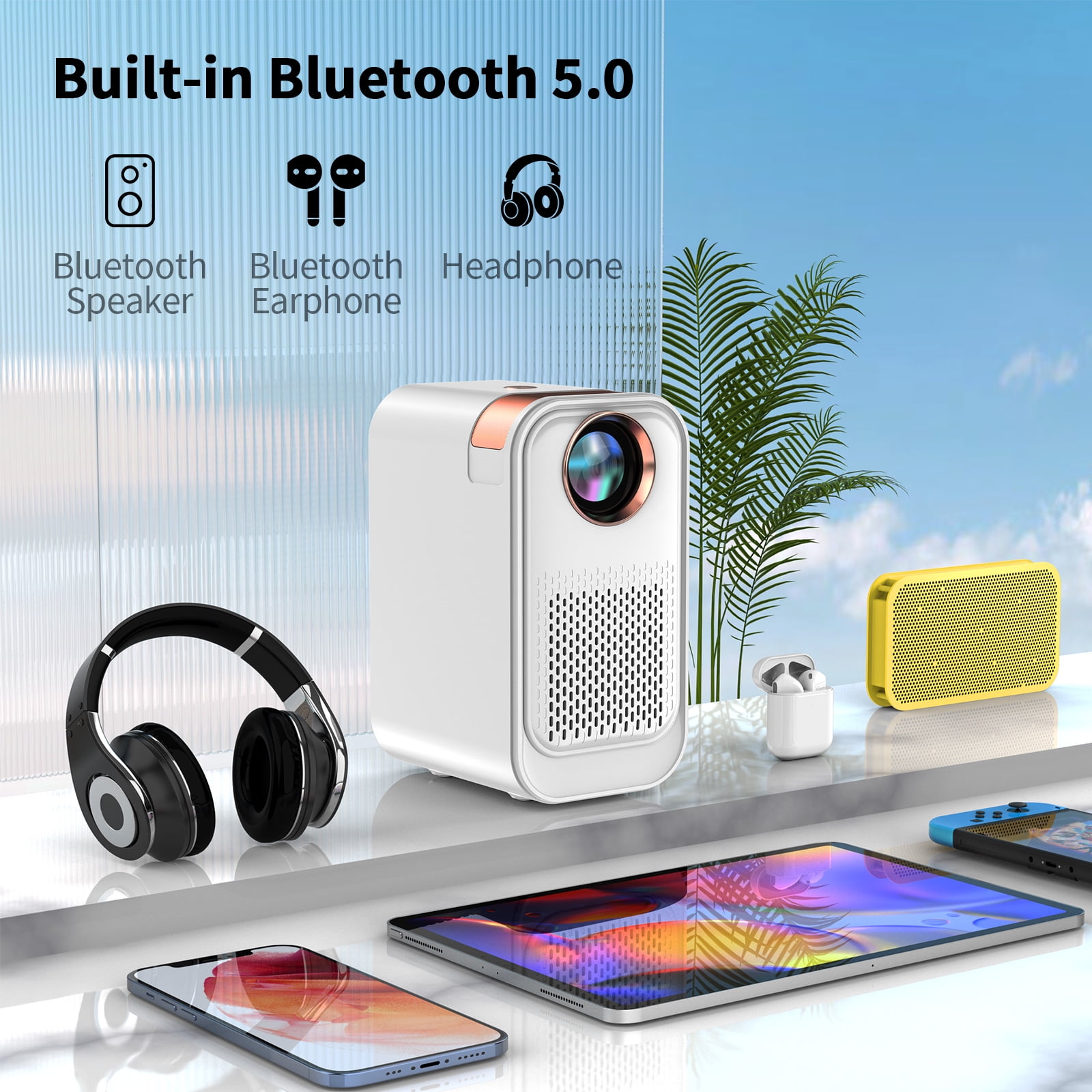 Mini Projector, Supporting 1080P High Definition Resolution, Portable Projector Screen with Projector Stand, Automatic Vertical Trapezoidal Correction,Equipped with WiFi and Bluetooth Functions,White