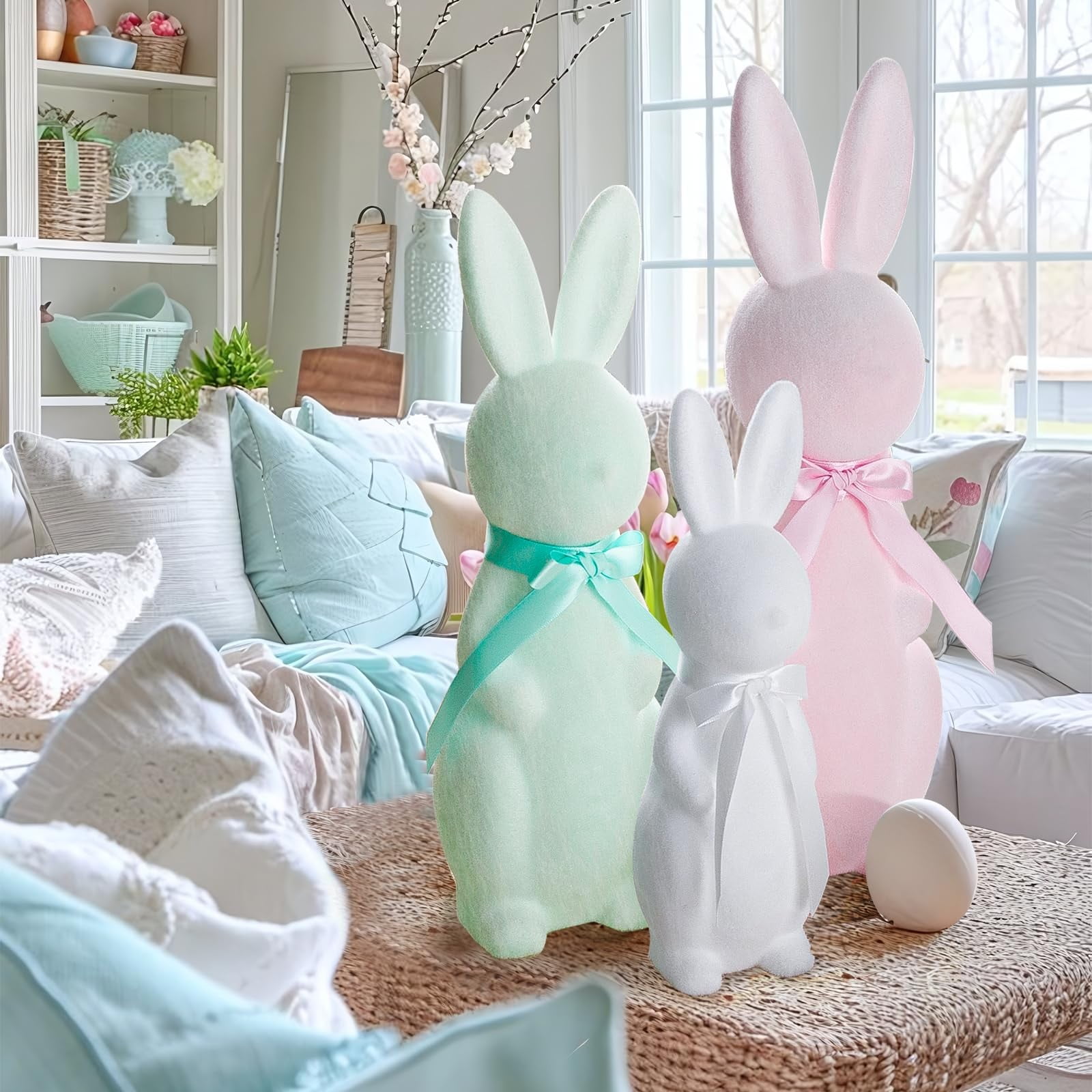 Easter Bunny Flocked Bunny Cute Rabbits Enhance Your Easter Decor with Flocking Plush Bunnies - Delightful Spring Gifts for All (3PCS)