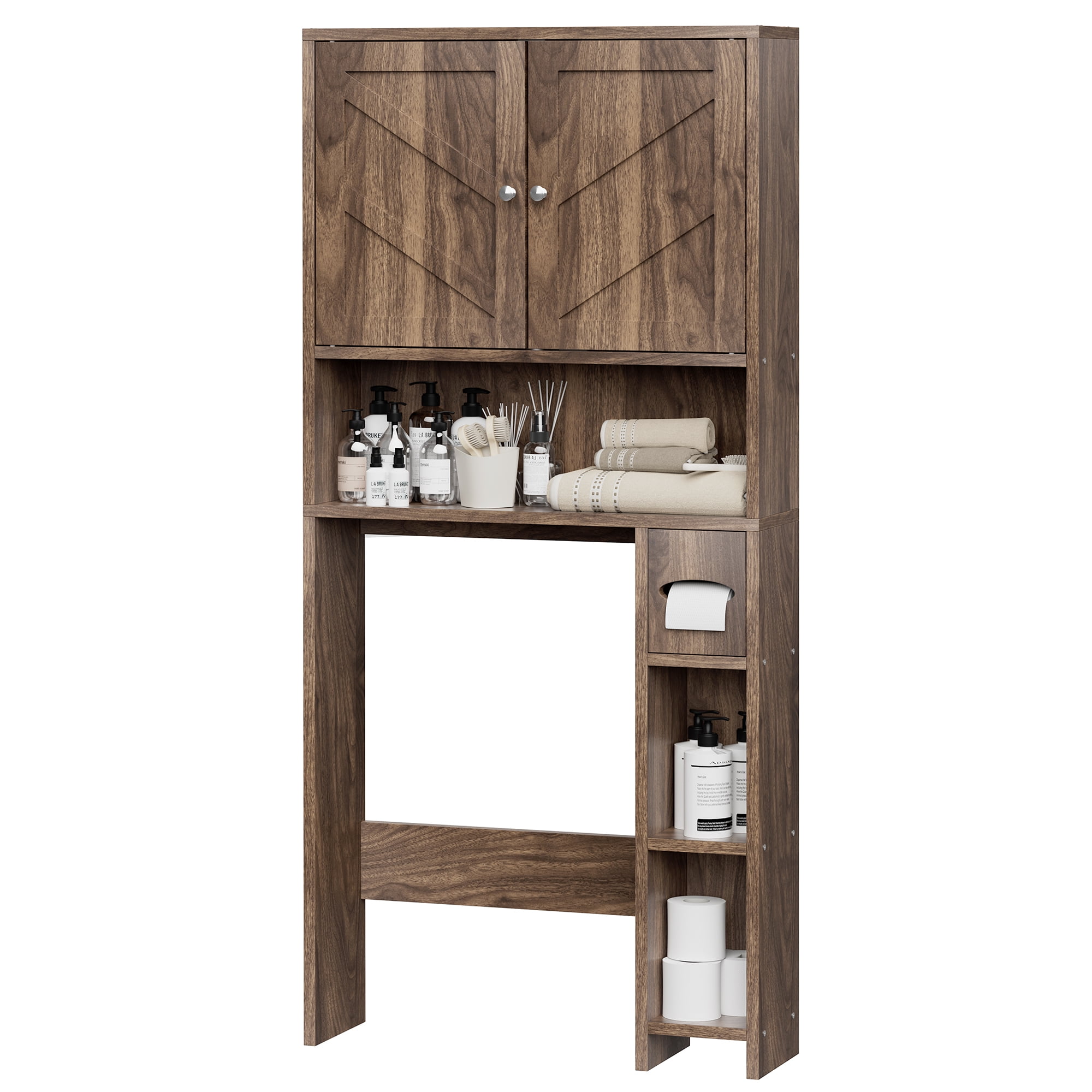 Walsunny Over the Toilet Storage Cabinet with Doors Side Storage Toilet Paper Holder Stand Space Saver Shelf Organizer Rack Freestanding for Restroom Bathroom Laundry Walnut