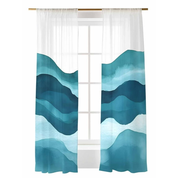 Teal Blue Sheer Curtains 84 inches Long 2 Panels Set Water Ripple Abstract Gradient Coean Waves Sheer Window Curtain Rod Pocket Voile Drapes for Living Room/Bedroom, Each 52" W x 84" L