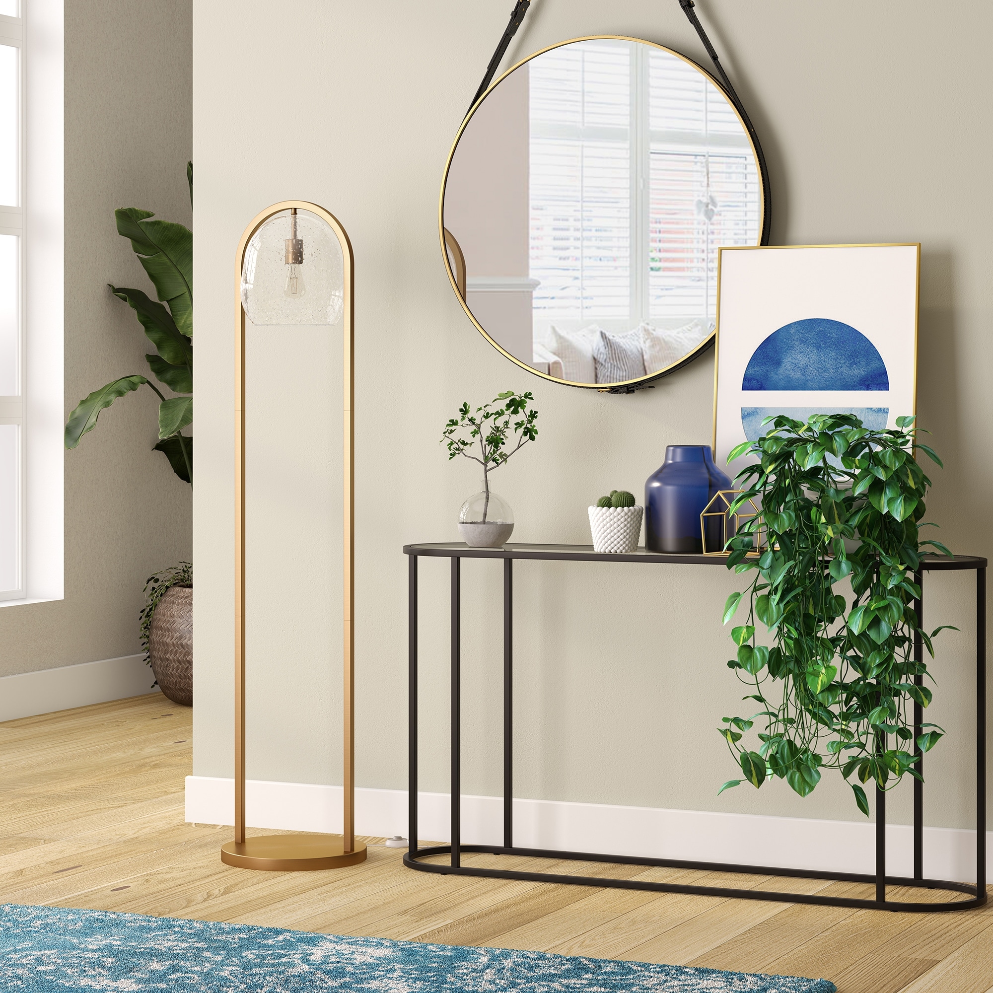 Evelyn&Zoe Sydney 64" Floor Lamp with Seeded Glass Shade, Brushed Brass