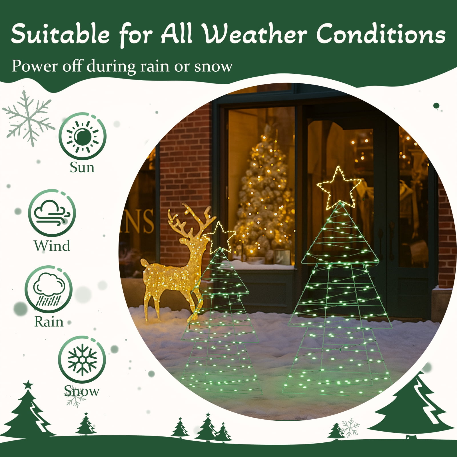 Astoutdoor Set of 2 Lighted Metal Christmas Tree Yard Decorations, Pre-lit Holiday Decor with 150 Warm White LED Lights, Indoor Outdoor