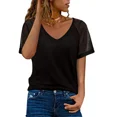 thumbnail image 2 of Camiseta de manga corta de encaje a rayas transparente para mujer, jersey con cuello en V de Color sólido, Tops elegantes, camisetas sueltas informales de verano, 2 of 4