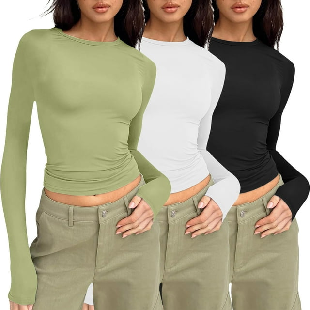 Daznico Chemises à Manches Longues 3 Pcs pour Femmes, Hauts Courts Basiques pour Sortir, Couche d'Automne Ajustée, Taille TP