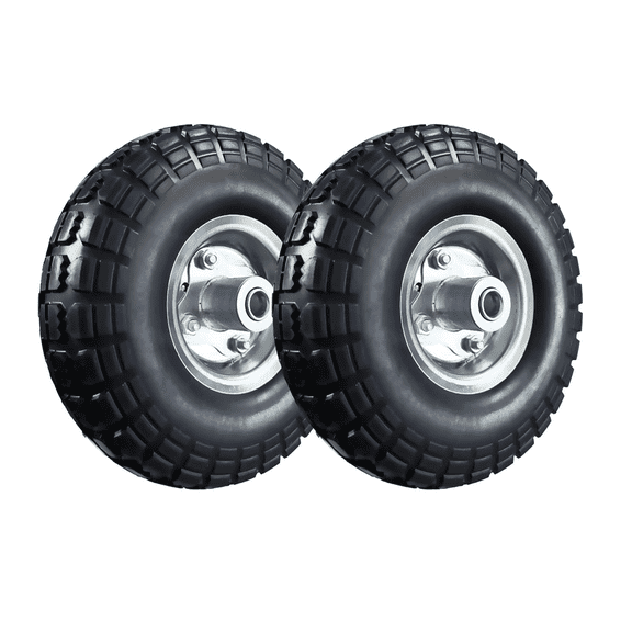 YOUHO 4.10/3.50-4" Flat Free Tire and Wheel, 10" Heavy Duty Solid Tire, 5/8" Axle Bore Hole, 2.2" Offset Hub, for Hand Truck Garden Cart Wagon Trolley Dolly, 2 Pack