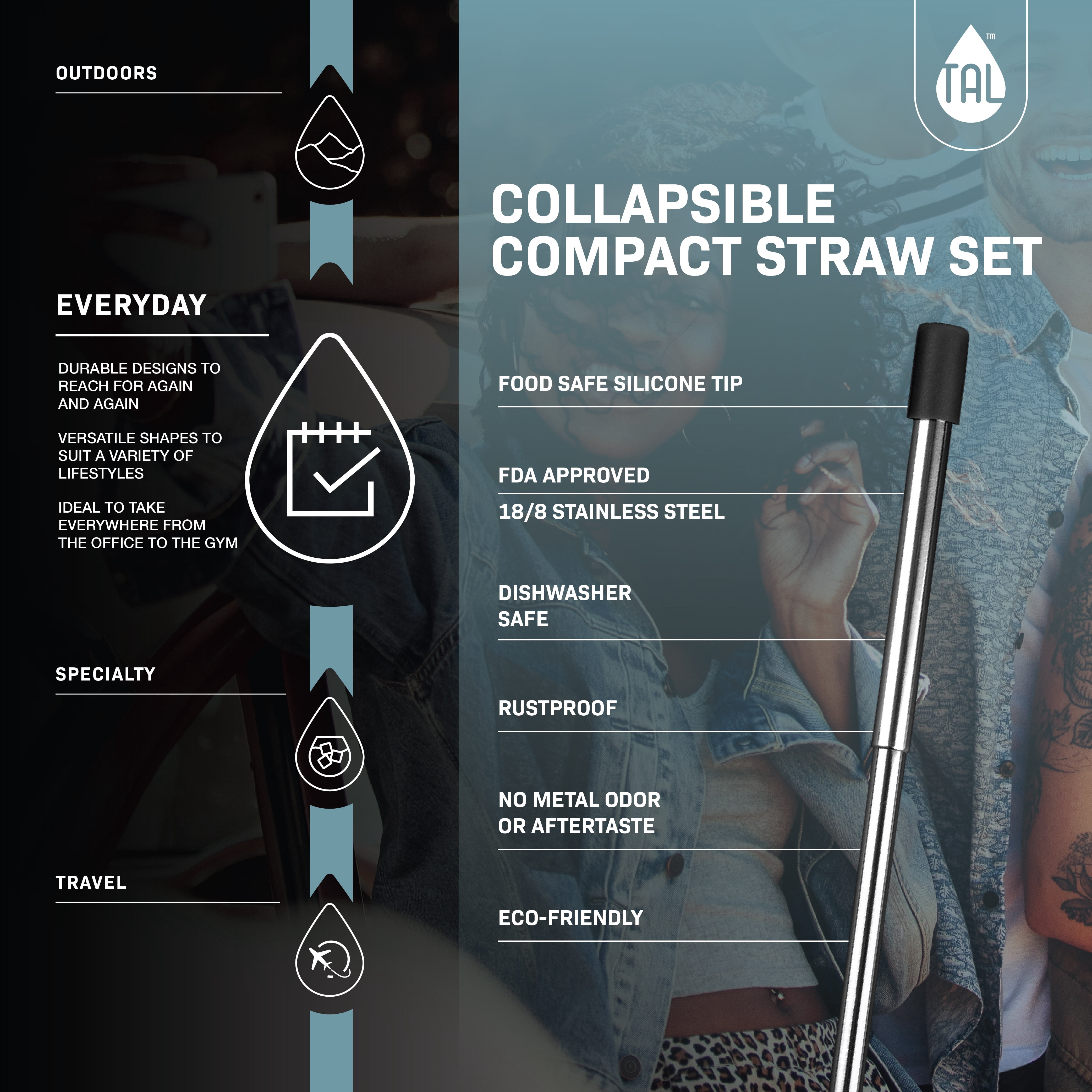 TAL Stainless Steel Collapsible Compact Straw, 3 Piece Set